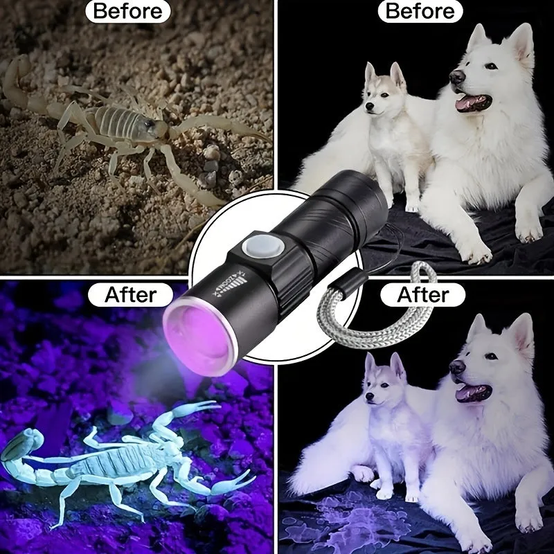 1pc Rechargeable UV 395nm Flashlight Mini Torch for Pet Stain Detection