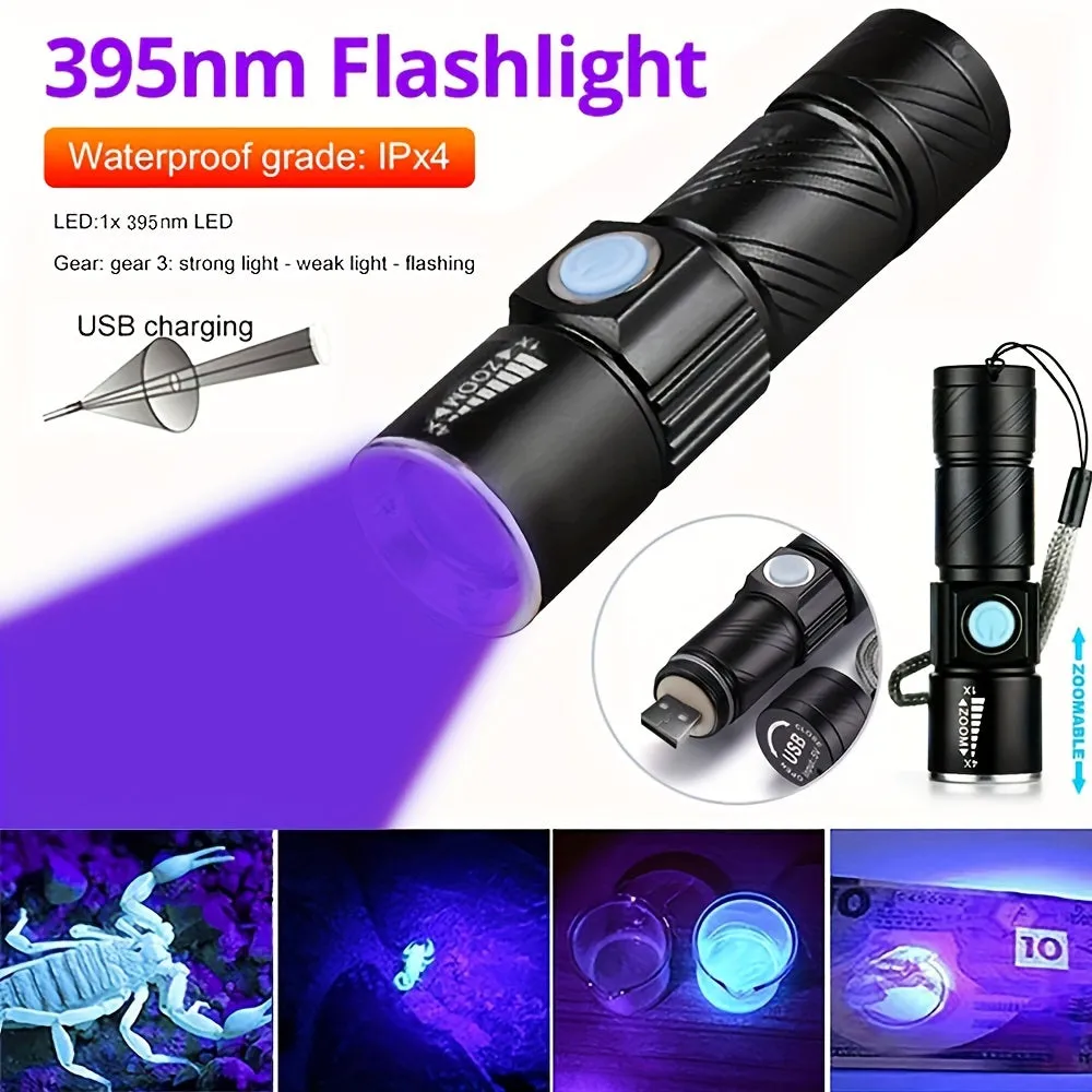 1pc Rechargeable UV 395nm Flashlight Mini Torch for Pet Stain Detection