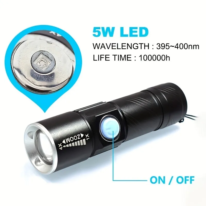 1pc Rechargeable UV 395nm Flashlight Mini Torch for Pet Stain Detection