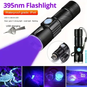 1pc Rechargeable UV 395nm Flashlight Mini Torch for Pet Stain Detection