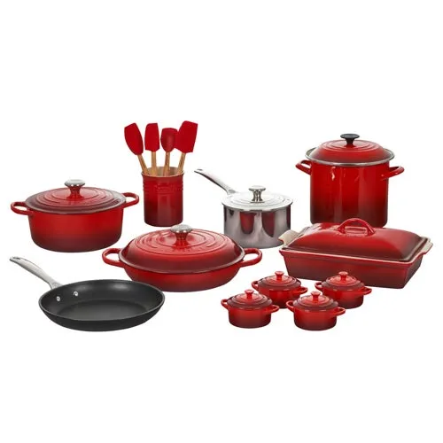 20pc Mixed Material Cookware & Kitchen Set, Cerise