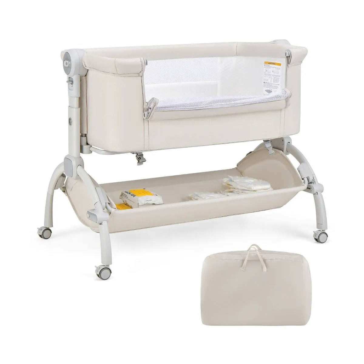 3-in-1 Portable Baby Bedside Crib Sleeper with Wheels-Beige