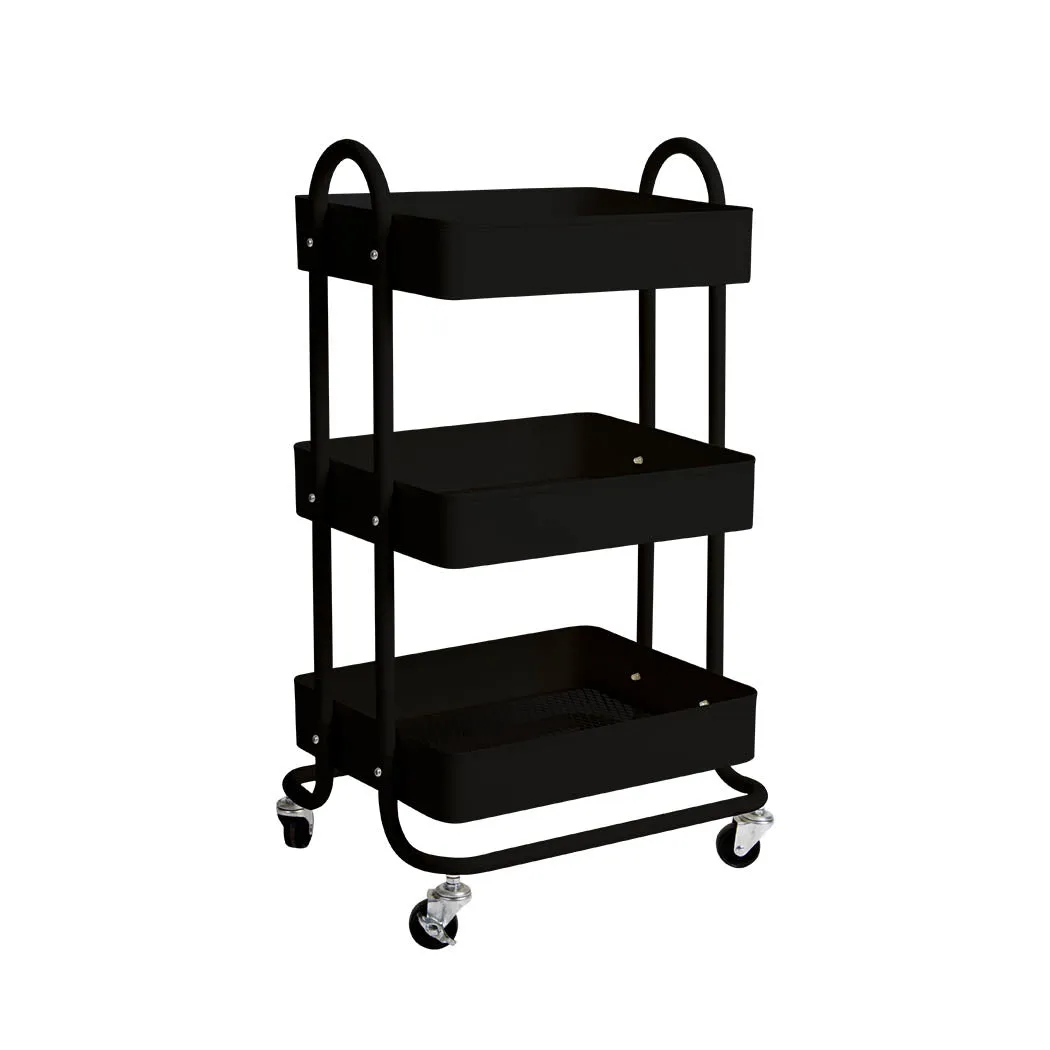 3 Tiers Kitchen Trolley Cart Steel Storage Rack Shelf Organiser Wheels Black