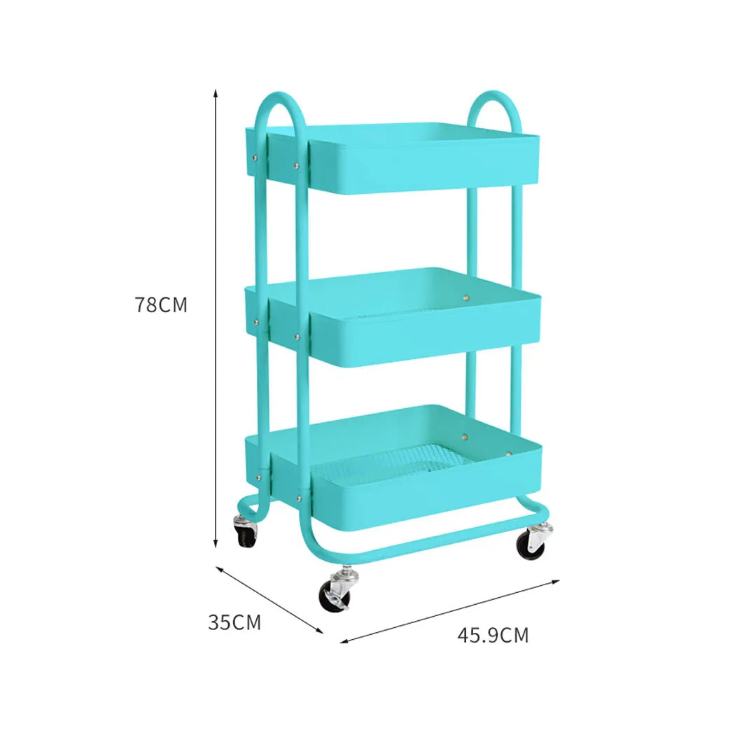 3 Tiers Kitchen Trolley Cart Steel Storage Rack Shelf Organiser Wheels Blue