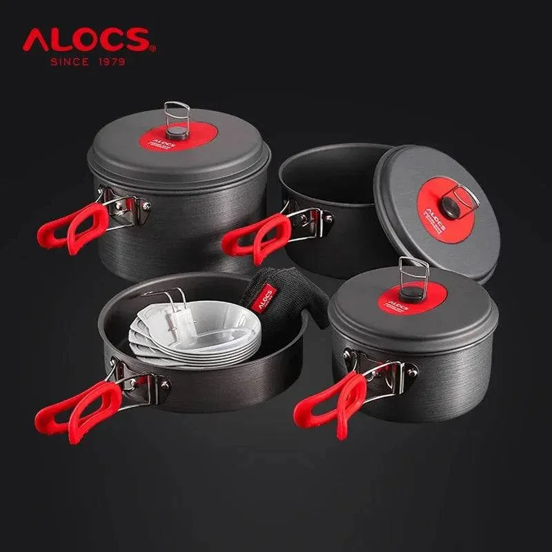 ALOCS Outdoor Folding Camping Pot Cookware Mess Kit Pot Water Kettle Frying Pan Bowl Spoon Cooking Set Backpacking Picnic Hiking