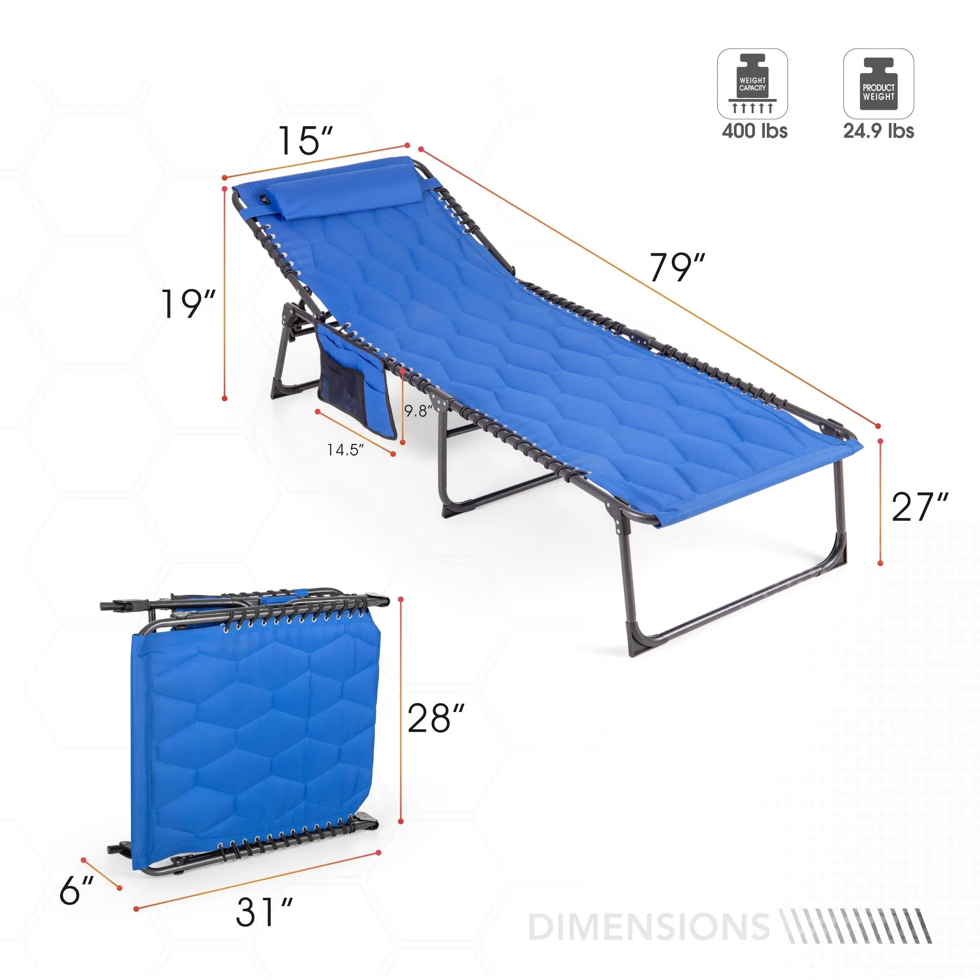 Alpha Camp 5 Position Adjustable Patio Folding Padded Chaise Lounge Chair Support Up to 400 lbs Outdoor Camping Cot with Pillow