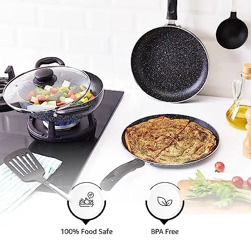 Amazon Brand - Solimo 6 Piece Non-Stick Cookware Set | Granite Finish | Induction Base | PFOA Free | HTR Exterior Coating | 25cm Tawa, 22 cm Kadai, 22cm Fry Pan, 1 Glass Lid & 2 Nylon Spatulas | Grey