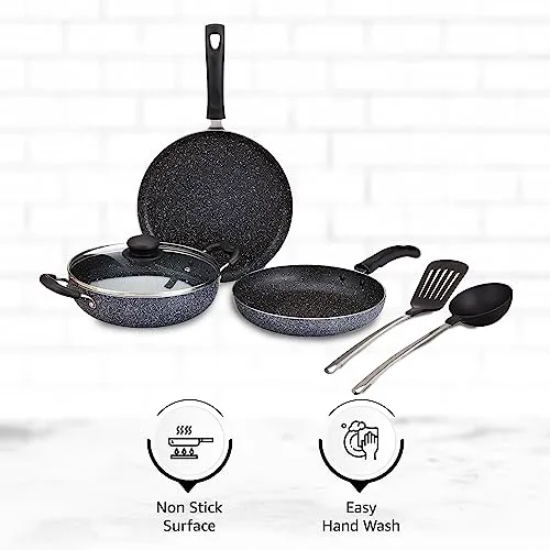 Amazon Brand - Solimo 6 Piece Non-Stick Cookware Set | Granite Finish | Induction Base | PFOA Free | HTR Exterior Coating | 25cm Tawa, 22 cm Kadai, 22cm Fry Pan, 1 Glass Lid & 2 Nylon Spatulas | Grey