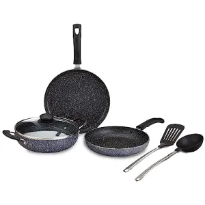 Amazon Brand - Solimo 6 Piece Non-Stick Cookware Set | Granite Finish | Induction Base | PFOA Free | HTR Exterior Coating | 25cm Tawa, 22 cm Kadai, 22cm Fry Pan, 1 Glass Lid & 2 Nylon Spatulas | Grey