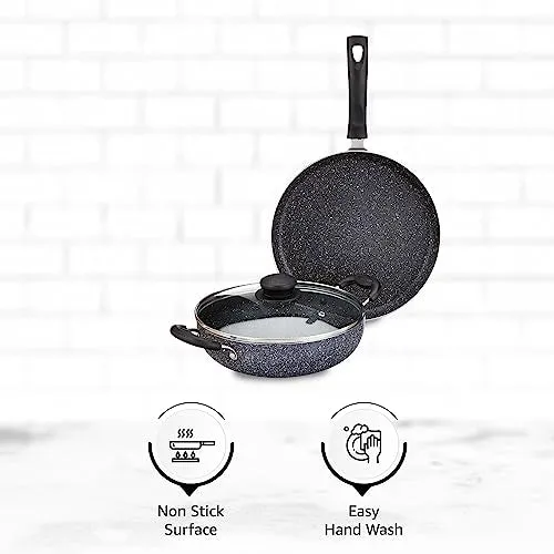 Amazon Brand - Solimo Aluminium 3 Piece Non-Stick Cookware Set|Granite Finish|Induction Base|Pfoa Free|High Temperature Resistant Exterior Coating|25 Cm Tawa,22 Cm Kadai,1 Glass Lid|Grey