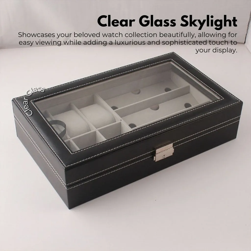 Black 6-Slot Watch & 3-Slot Glasses Box with Display Window