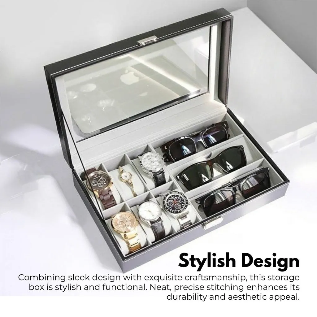 Black 6-Slot Watch & 3-Slot Glasses Box with Display Window