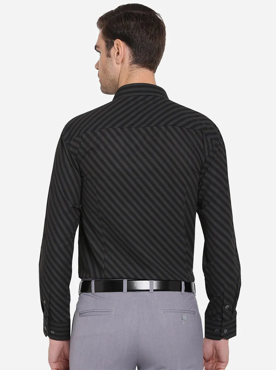 Black & Grey Striped Slim Fit Party Wear Shirt | JB Studio