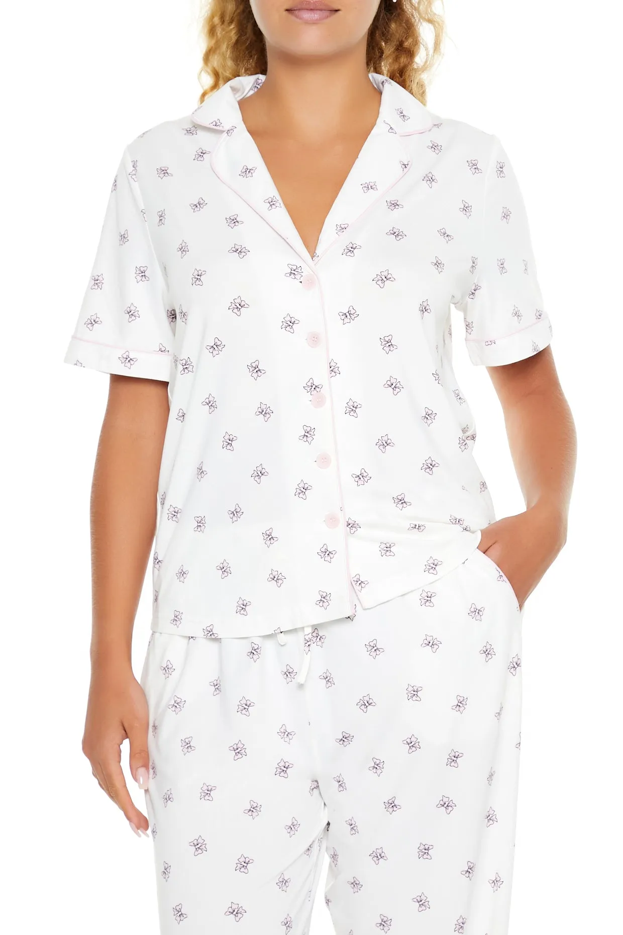 Bow Print Short Sleeve Top & Pant 2 Piece Pajama Set