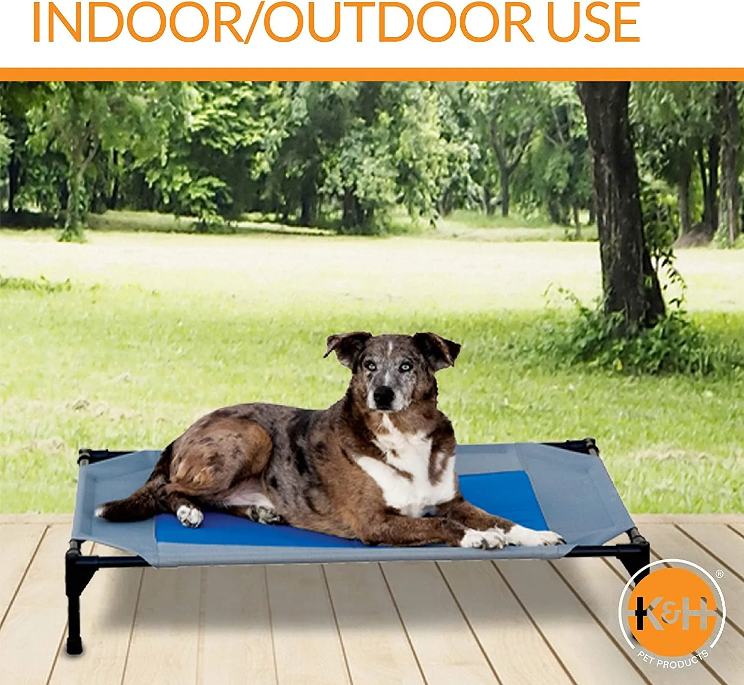 Coolin' Pet Cot, Elevated Dog Cooling Mat, Cool Dog Cot for Large Dogs, Dog Camping Gear, Outdoor Raised Dog Bed with Cooling Center - Gray/Blue, Large 30 X 42 X 7 Inches