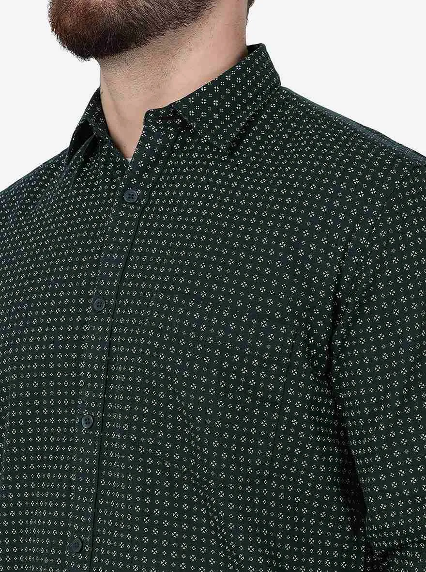 Dark Green Printed Smart Fit Semi Casual Shirt | Greenfibre