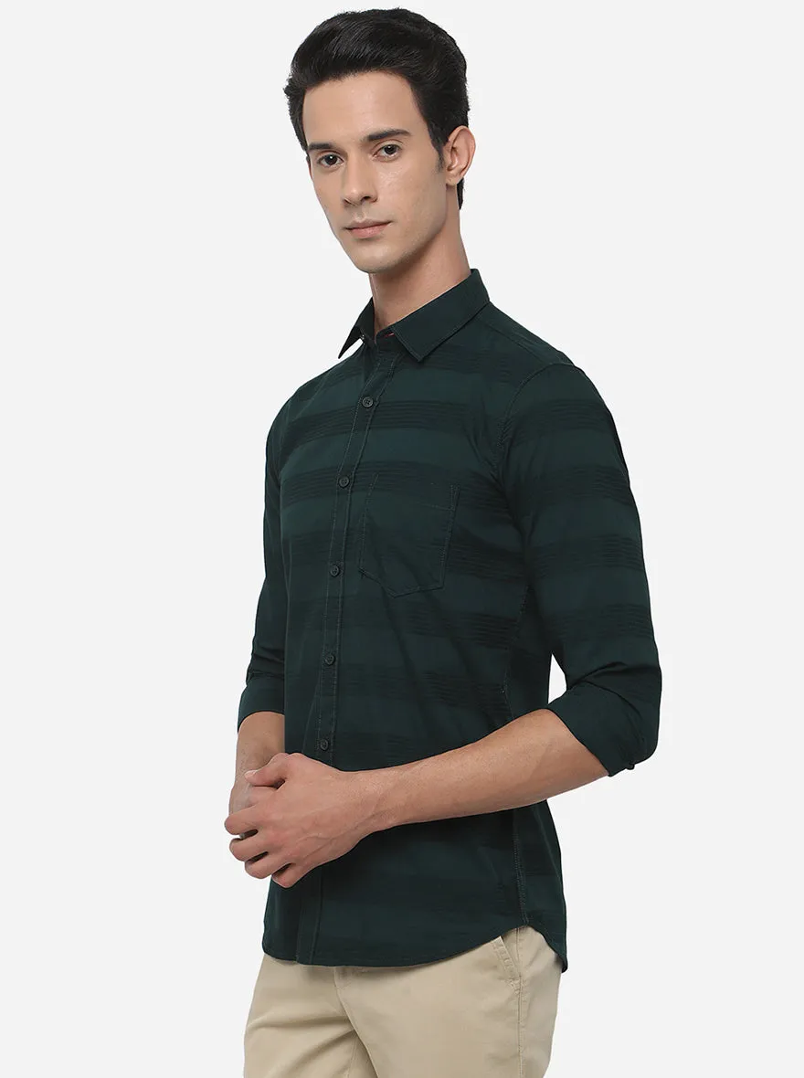 Dark Green Striped Slim Fit Semi Casual Shirt | JadeBlue