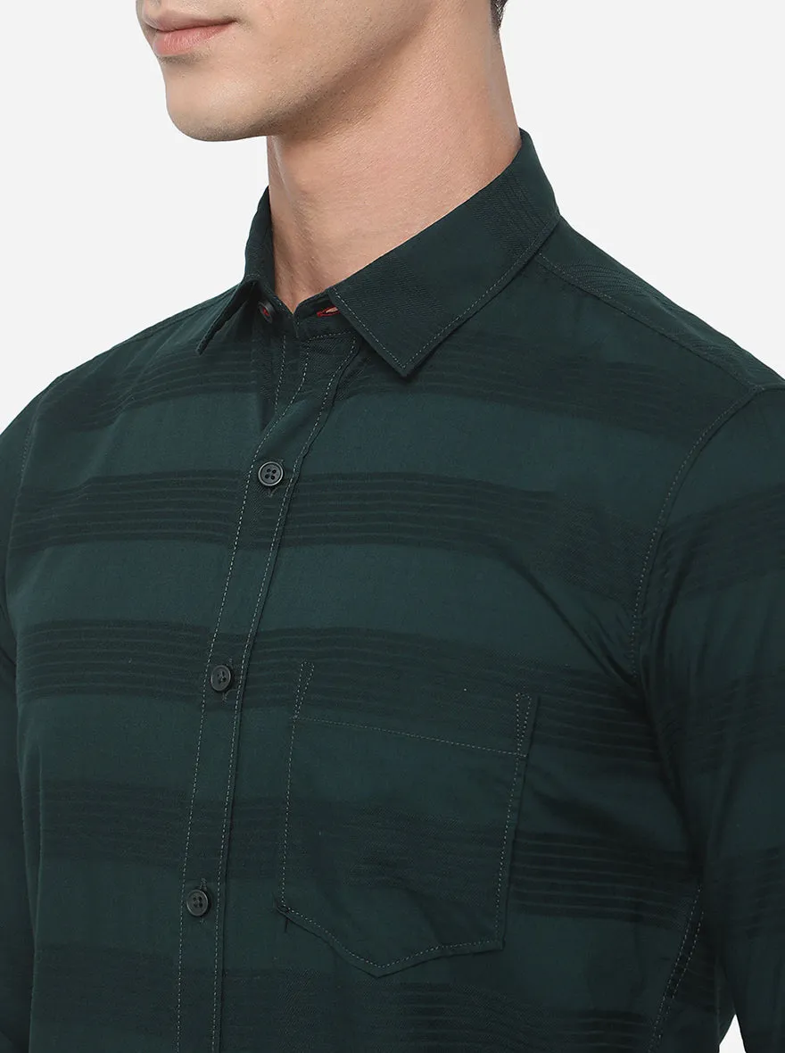 Dark Green Striped Slim Fit Semi Casual Shirt | JadeBlue