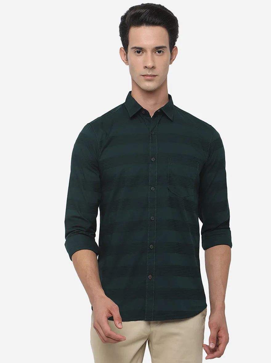 Dark Green Striped Slim Fit Semi Casual Shirt | JadeBlue