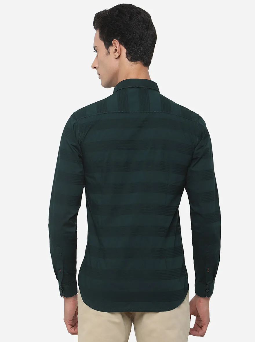 Dark Green Striped Slim Fit Semi Casual Shirt | JadeBlue