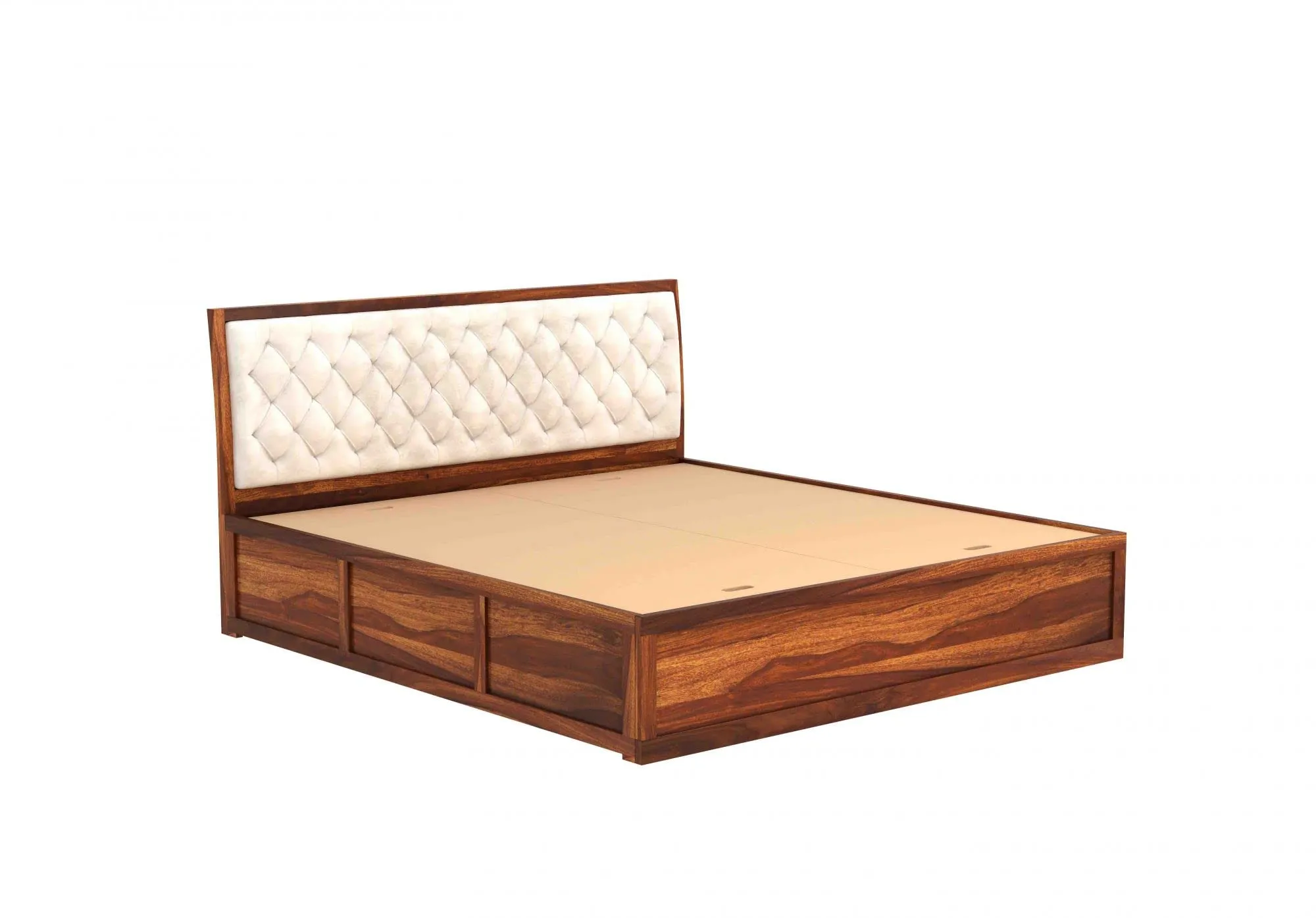 DRIFTINGWOOD Dolvi Solid Sheesham Wood King Size Bed with Storage | Wooden Double Bed Cot Bed with Box Storage & Upholstered Cushioned Headboard for Bedroom | Rosewood, Teak Finish