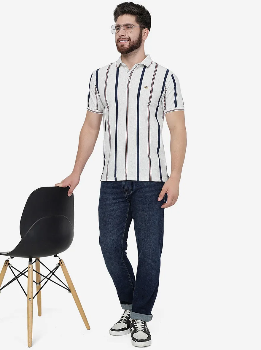 Ecru Melange Striped Slim Fit Polo T-Shirt | JadeBlue