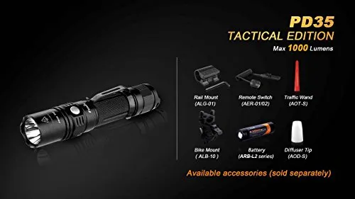 EdisonBright Fenix PD35 TAC 1000 Lumen CREE LED Tactical Flashlight with Fenix ARB-L2S 18650 Li-ion Rechargeable Battery, Fenix Smart Charger and 2 X CR123A Lithium Batteries Bundle