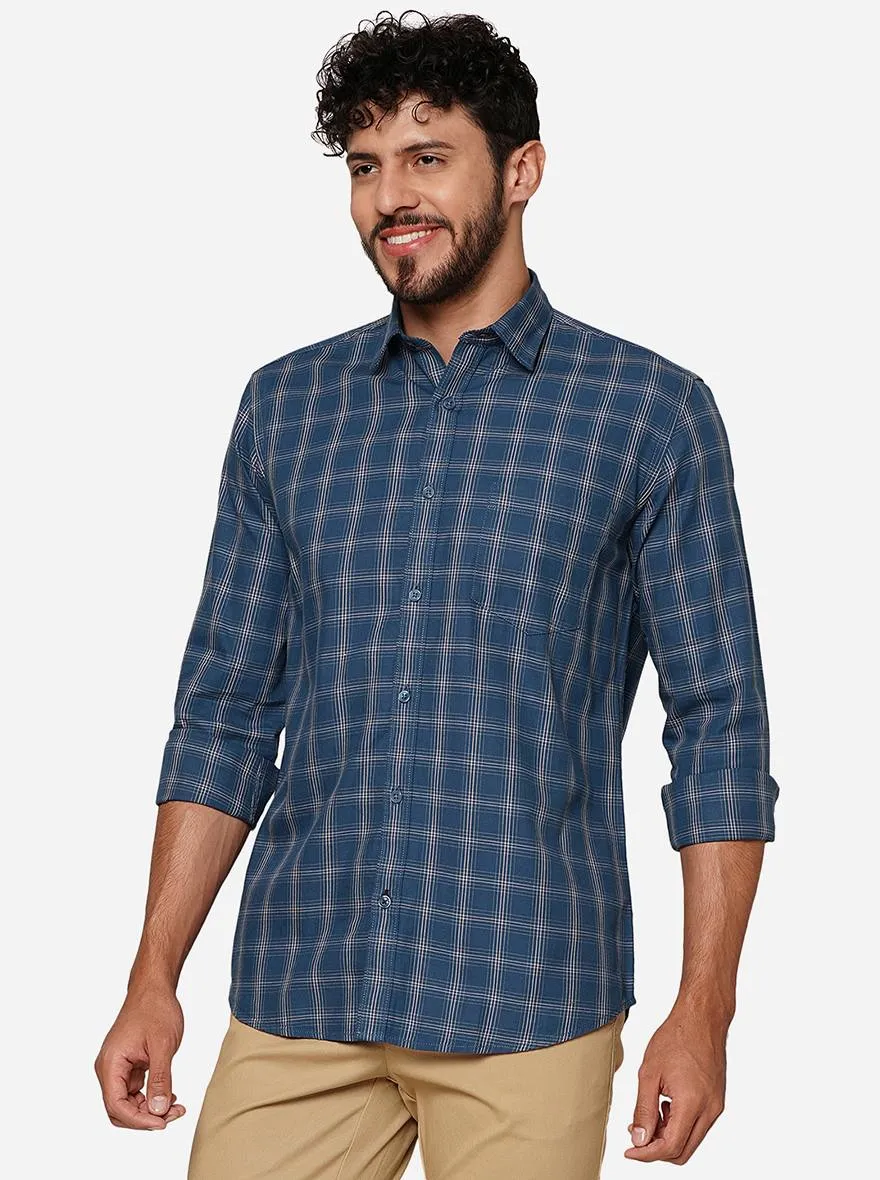 Ensign Blue Checked Smart Fit Semi Casual Shirt | Greenfibre