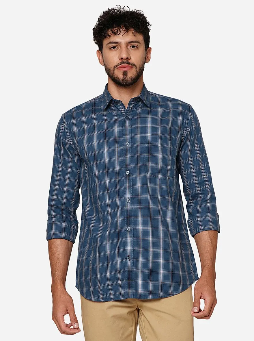 Ensign Blue Checked Smart Fit Semi Casual Shirt | Greenfibre