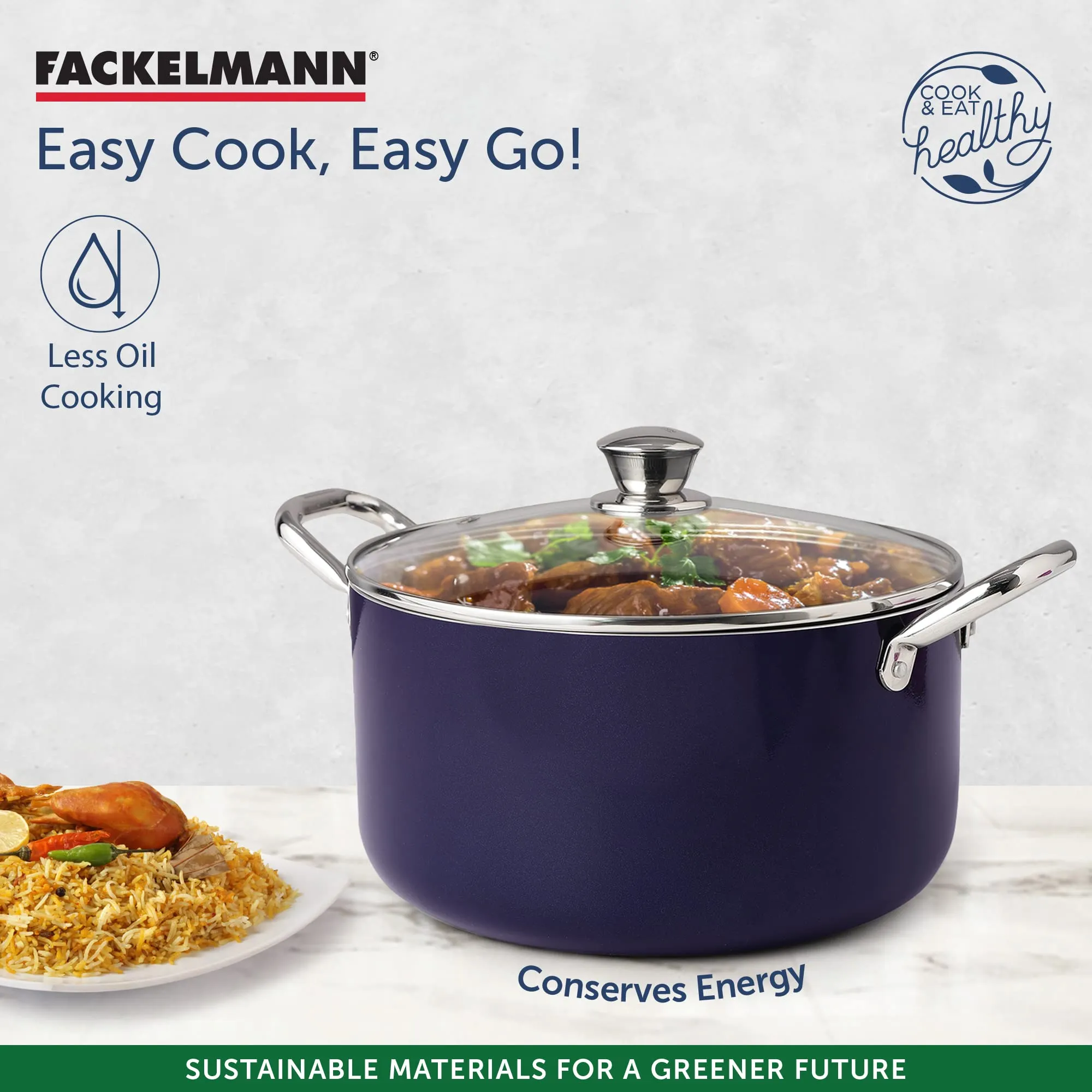 Fackelmann Ceramic Nonstick Biryani Pot, Handi, Casserole w Glass Lid 24cm | German Technology | Non-Toxic| PFOA, BPA & Nickel-Free | Induction Base - All Stoves | Even Heating | Pulao, Biryani