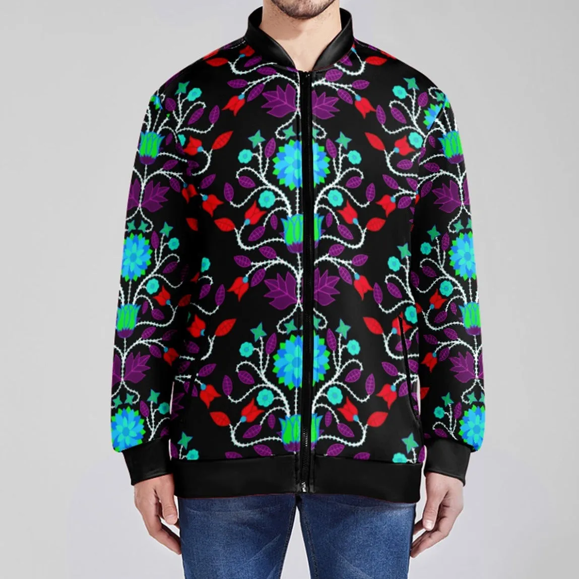 Floral Beadwork Four Clans Winter Youth Zippered Collared Lightweight Jacket