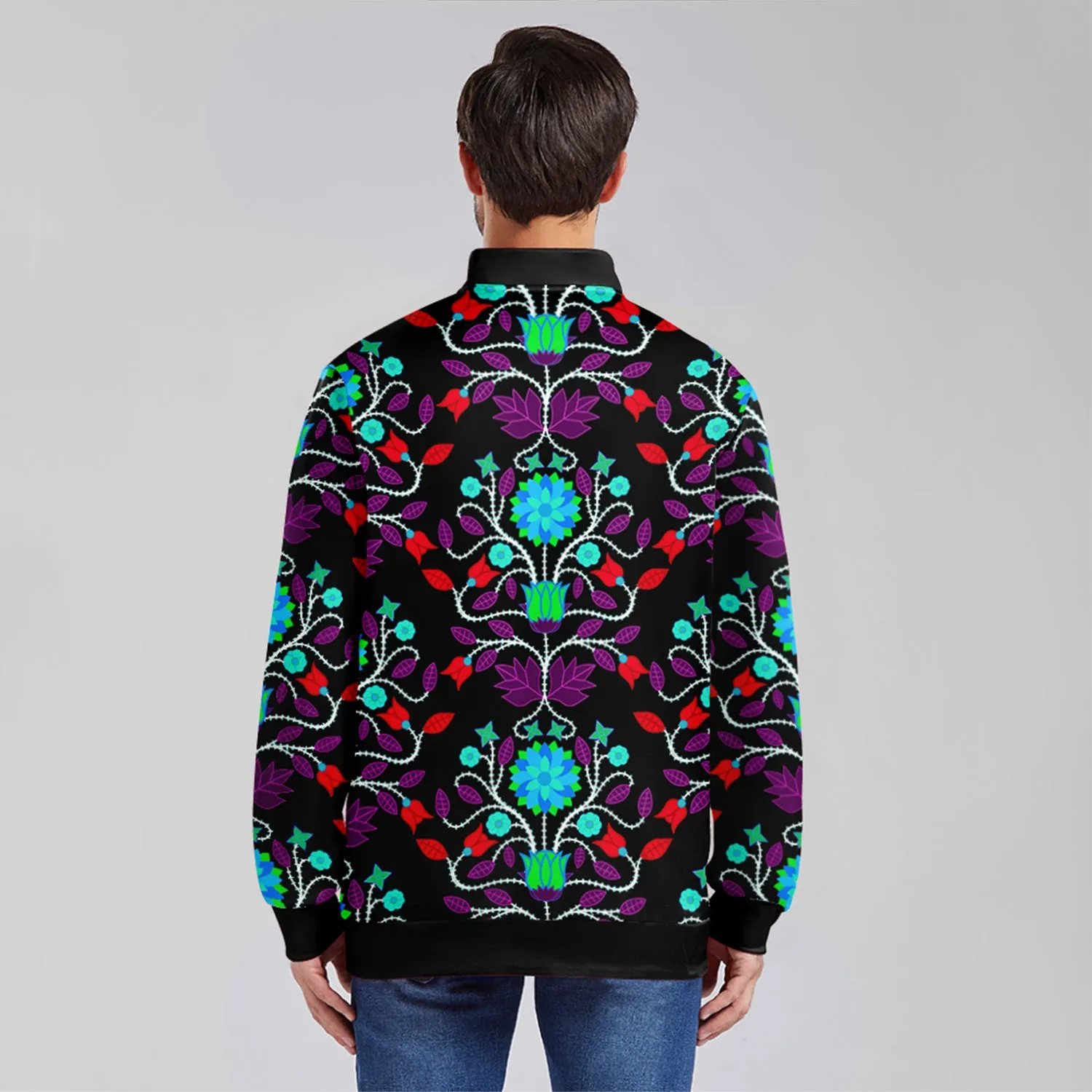 Floral Beadwork Four Clans Winter Zippered Collared Lightweight Jacket