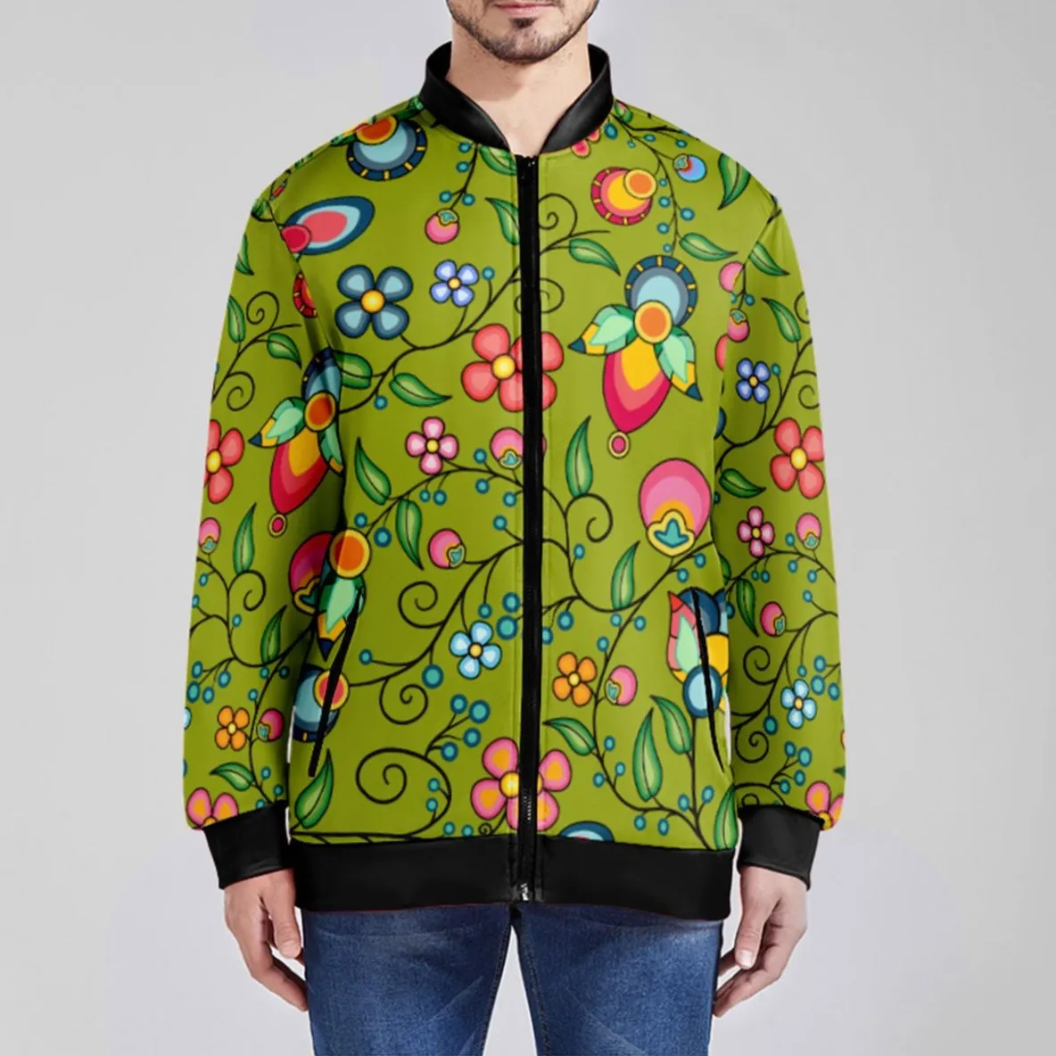 Floral Bounty Sweetgrass Zippered Collared Lightweight Jacket