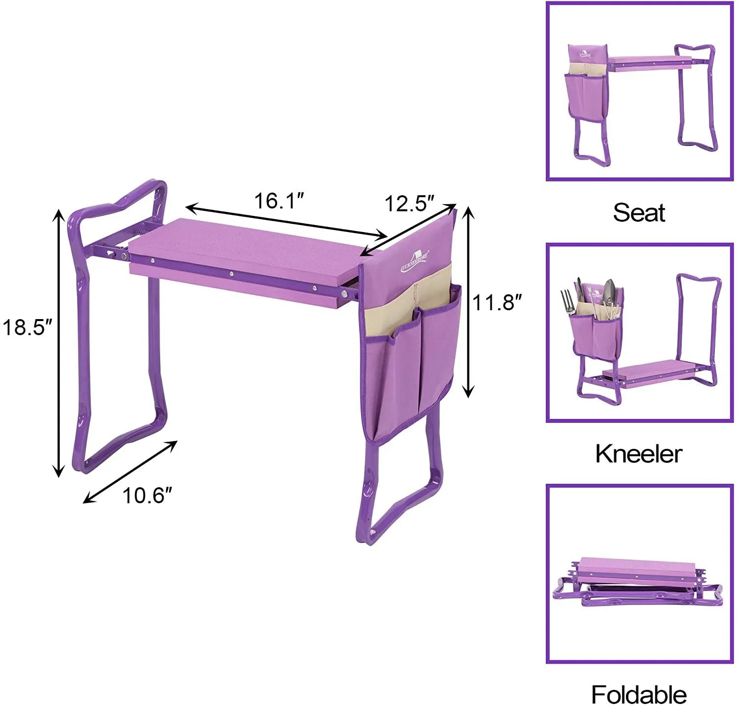 Foldable Garden Kneeling Bench Stool with Soft Foam and Tool Pouch, Purple