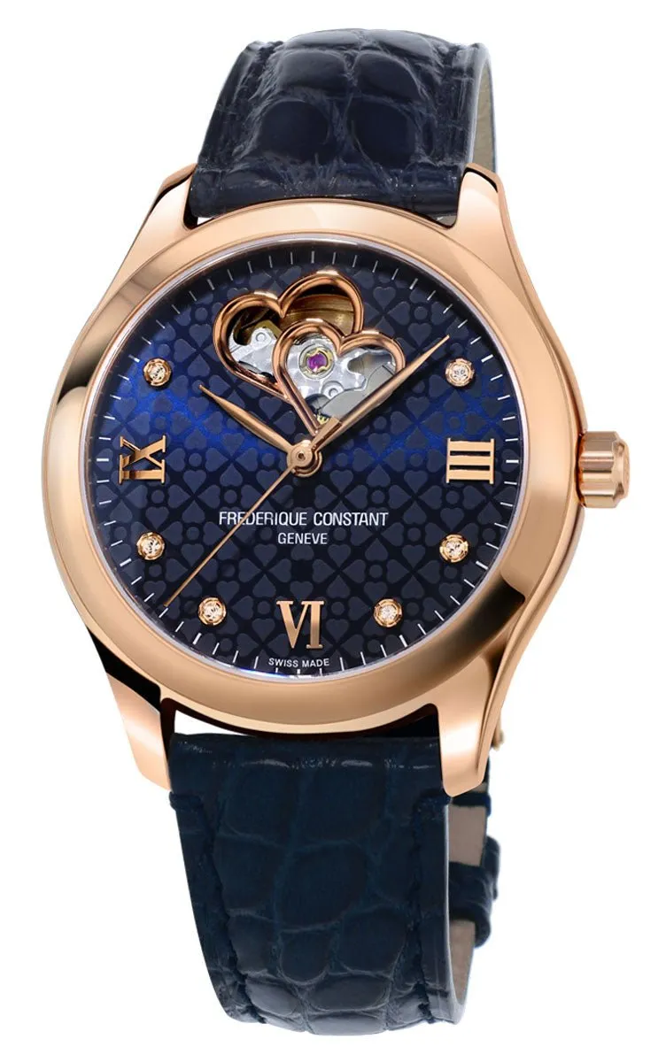 Frederique Constant Double Heart Beat Rose Gold Tone Steel Automatic Diamonds Blue Dial Blue Leather Strap Womens Watch FC-310NDHB3B4