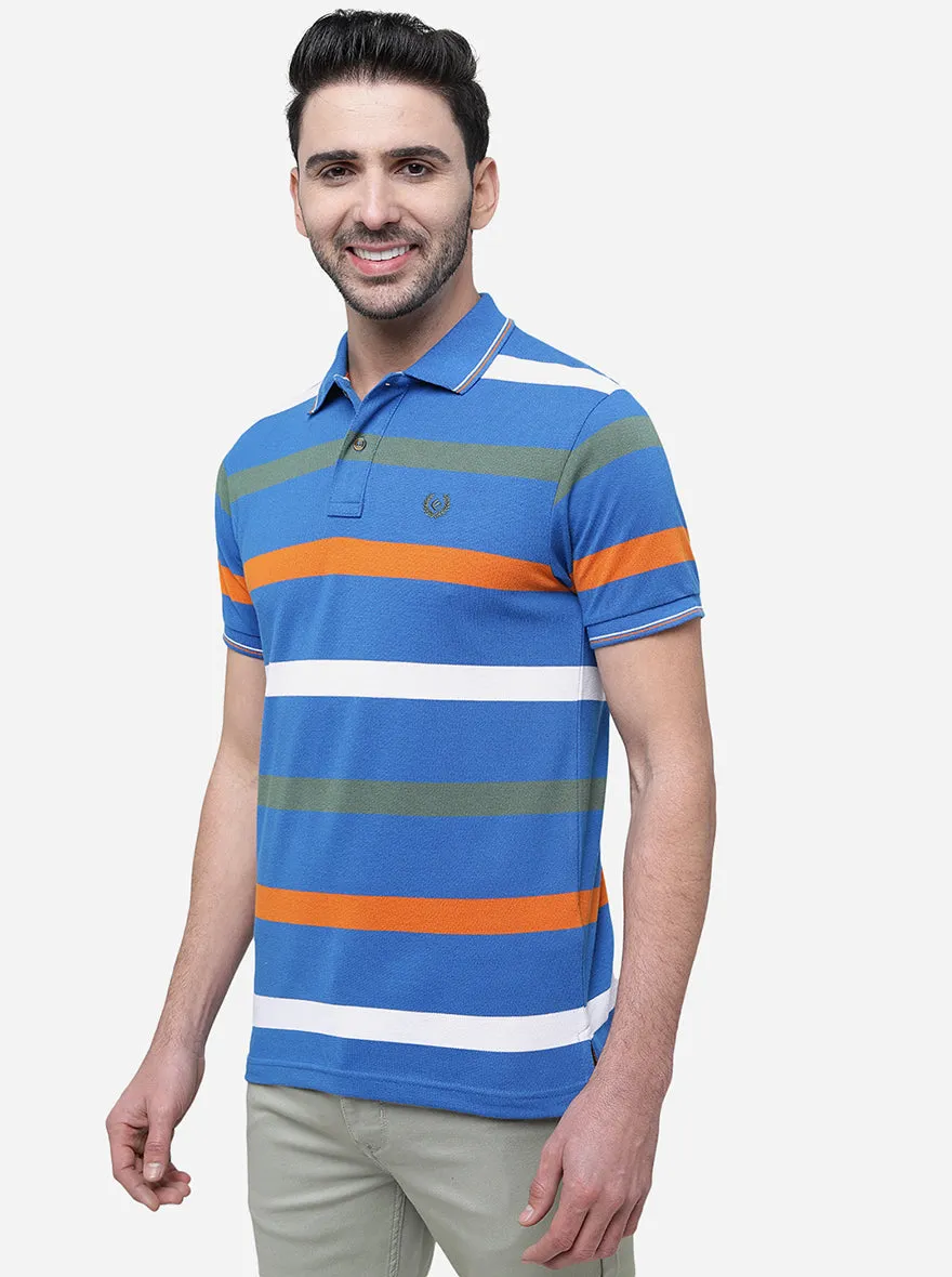 French Blue Striped Slim Fit Polo T-Shirt | Greenfibre