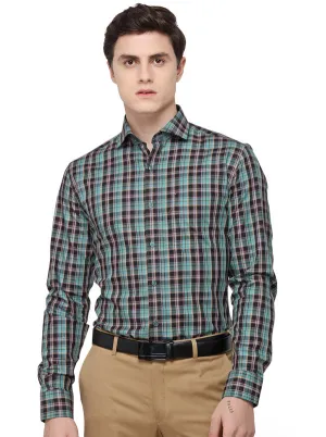 Green & Brown Checked Slim Fit Formal Shirt | JadeBlue