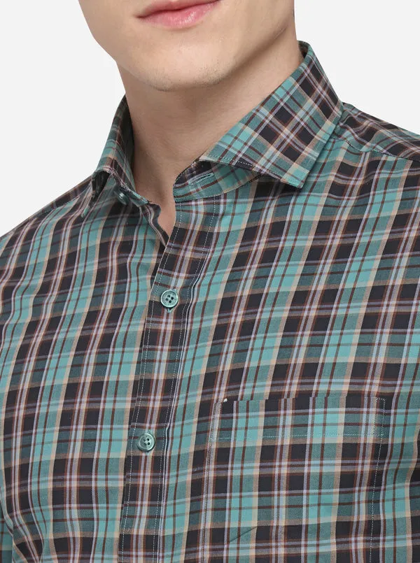 Green & Brown Checked Slim Fit Formal Shirt | JadeBlue