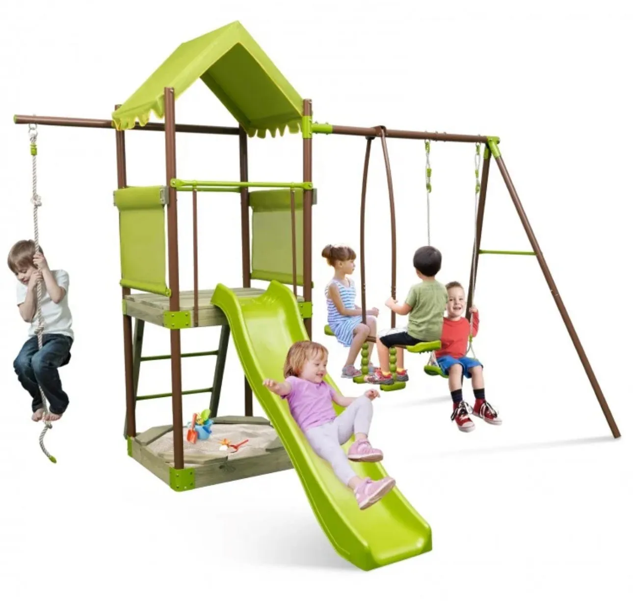 Heavy Duty Playful 7-in-1 Outdoor Metal Swing Playground With Covered Fort, Sandbox, Cool Wave Slide, Climbing Rope, Glider, Adjustable Swing, Cedar Wood