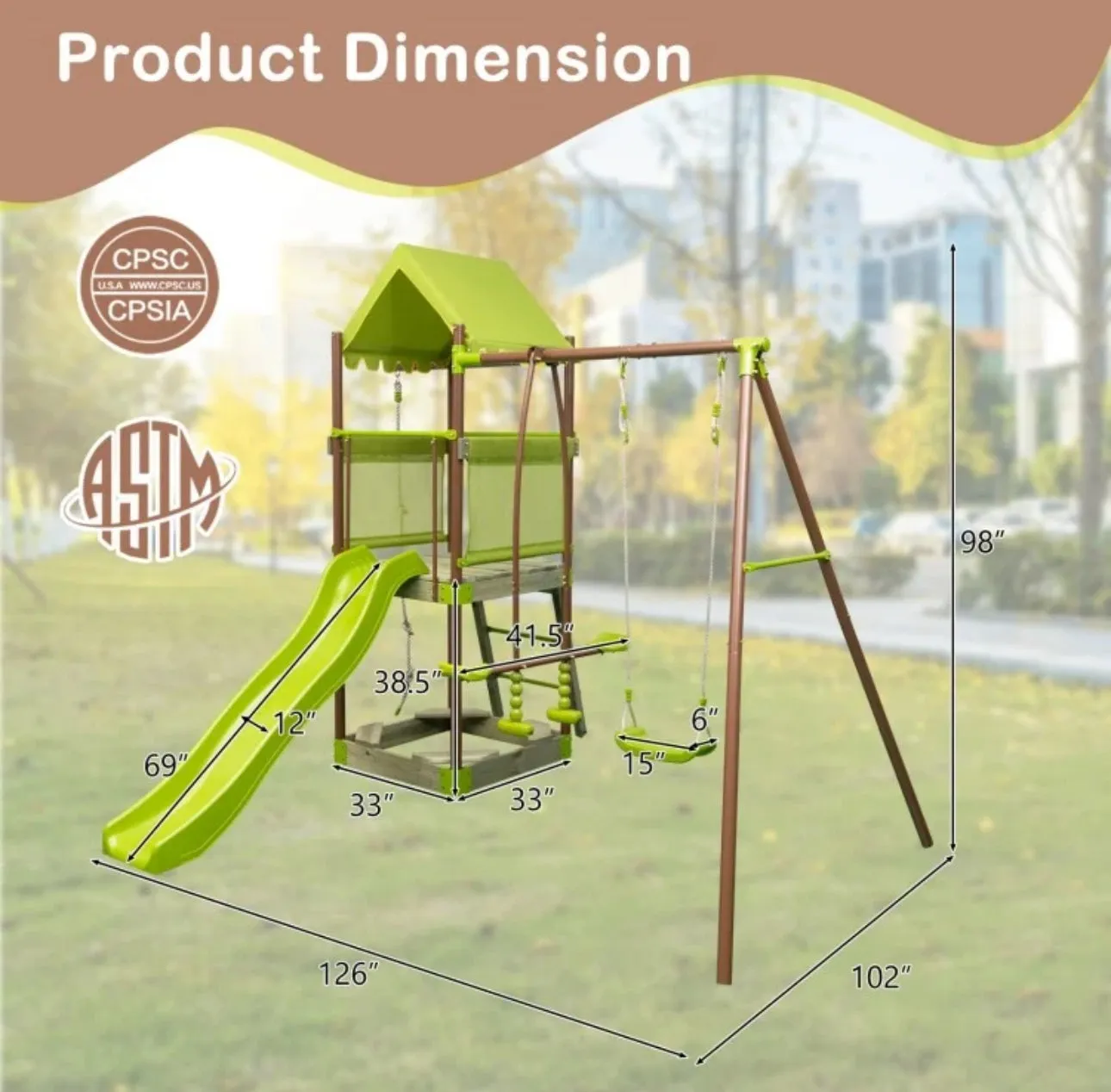 Heavy Duty Playful 7-in-1 Outdoor Metal Swing Playground With Covered Fort, Sandbox, Cool Wave Slide, Climbing Rope, Glider, Adjustable Swing, Cedar Wood