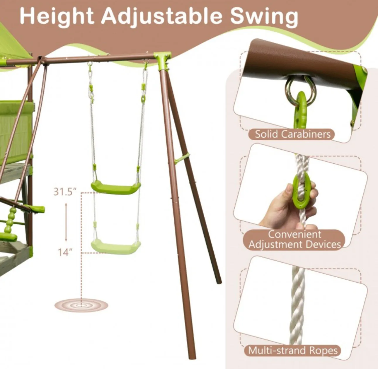 Heavy Duty Playful 7-in-1 Outdoor Metal Swing Playground With Covered Fort, Sandbox, Cool Wave Slide, Climbing Rope, Glider, Adjustable Swing, Cedar Wood