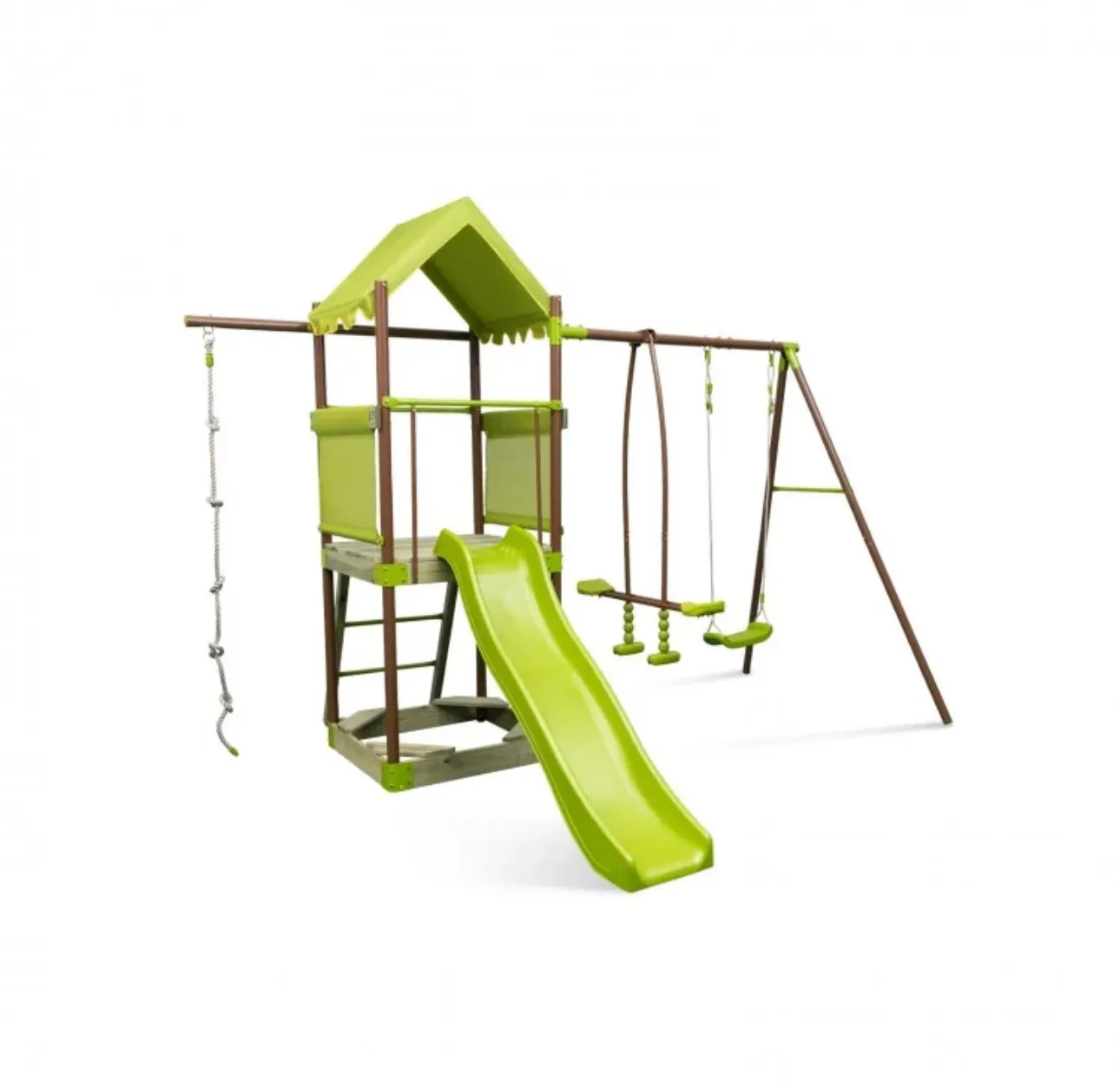 Heavy Duty Playful 7-in-1 Outdoor Metal Swing Playground With Covered Fort, Sandbox, Cool Wave Slide, Climbing Rope, Glider, Adjustable Swing, Cedar Wood