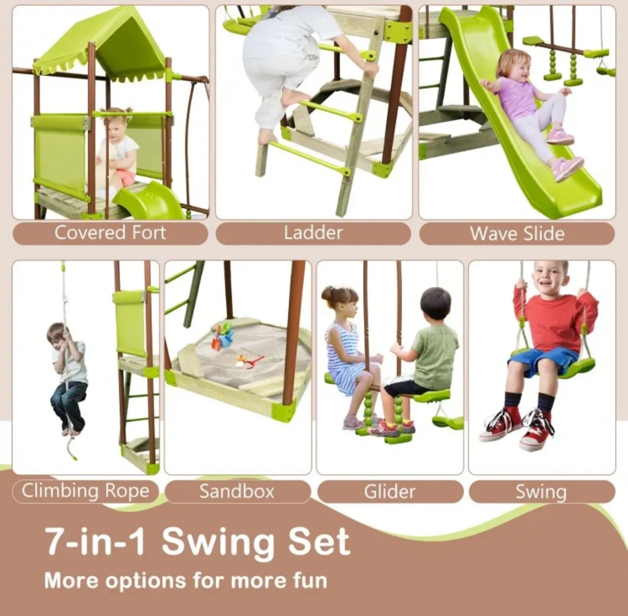 Heavy Duty Playful 7-in-1 Outdoor Metal Swing Playground With Covered Fort, Sandbox, Cool Wave Slide, Climbing Rope, Glider, Adjustable Swing, Cedar Wood