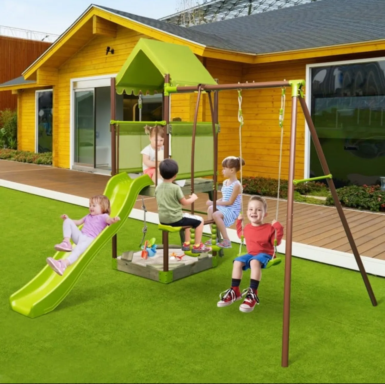 Heavy Duty Playful 7-in-1 Outdoor Metal Swing Playground With Covered Fort, Sandbox, Cool Wave Slide, Climbing Rope, Glider, Adjustable Swing, Cedar Wood