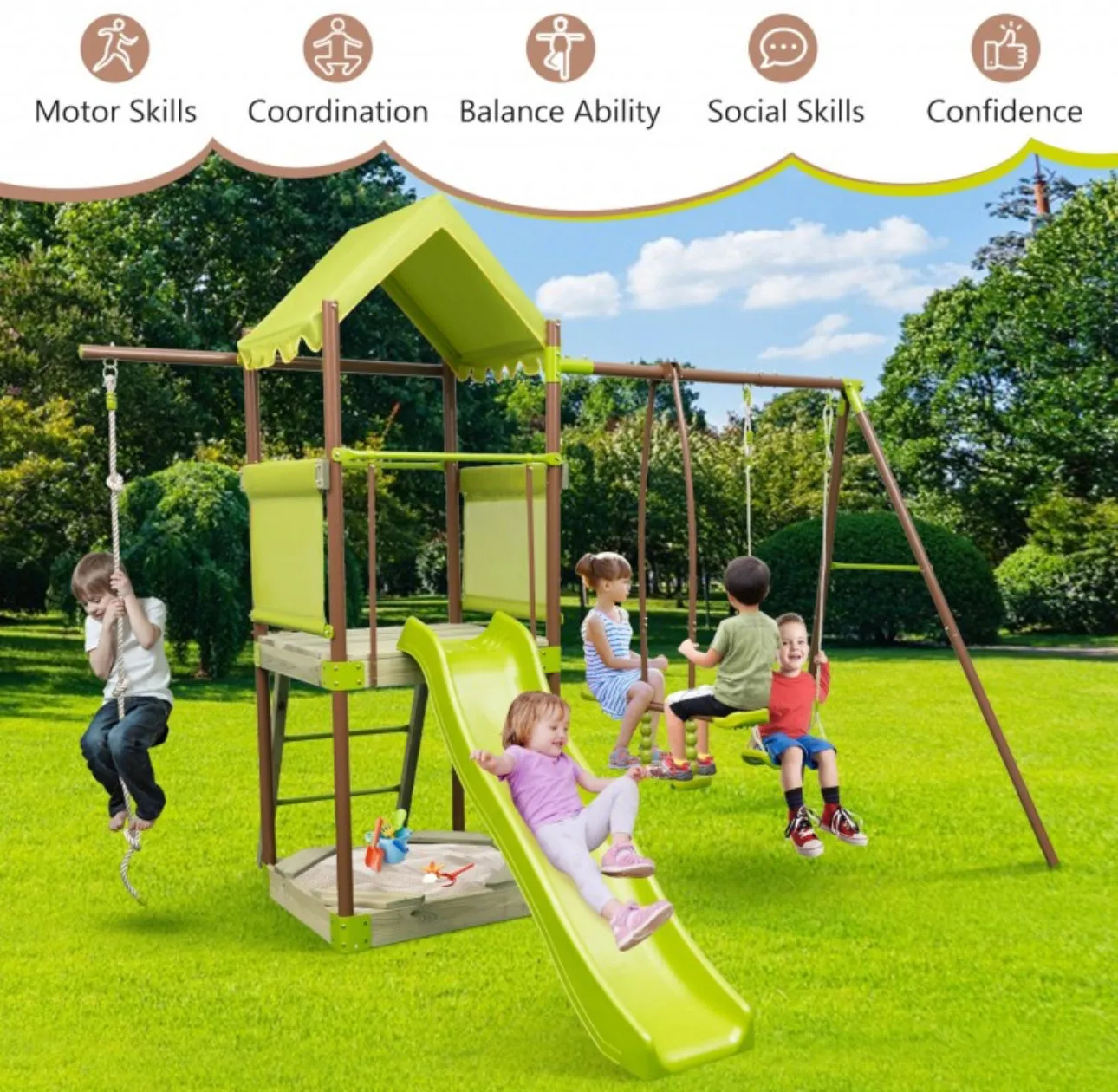 Heavy Duty Playful 7-in-1 Outdoor Metal Swing Playground With Covered Fort, Sandbox, Cool Wave Slide, Climbing Rope, Glider, Adjustable Swing, Cedar Wood