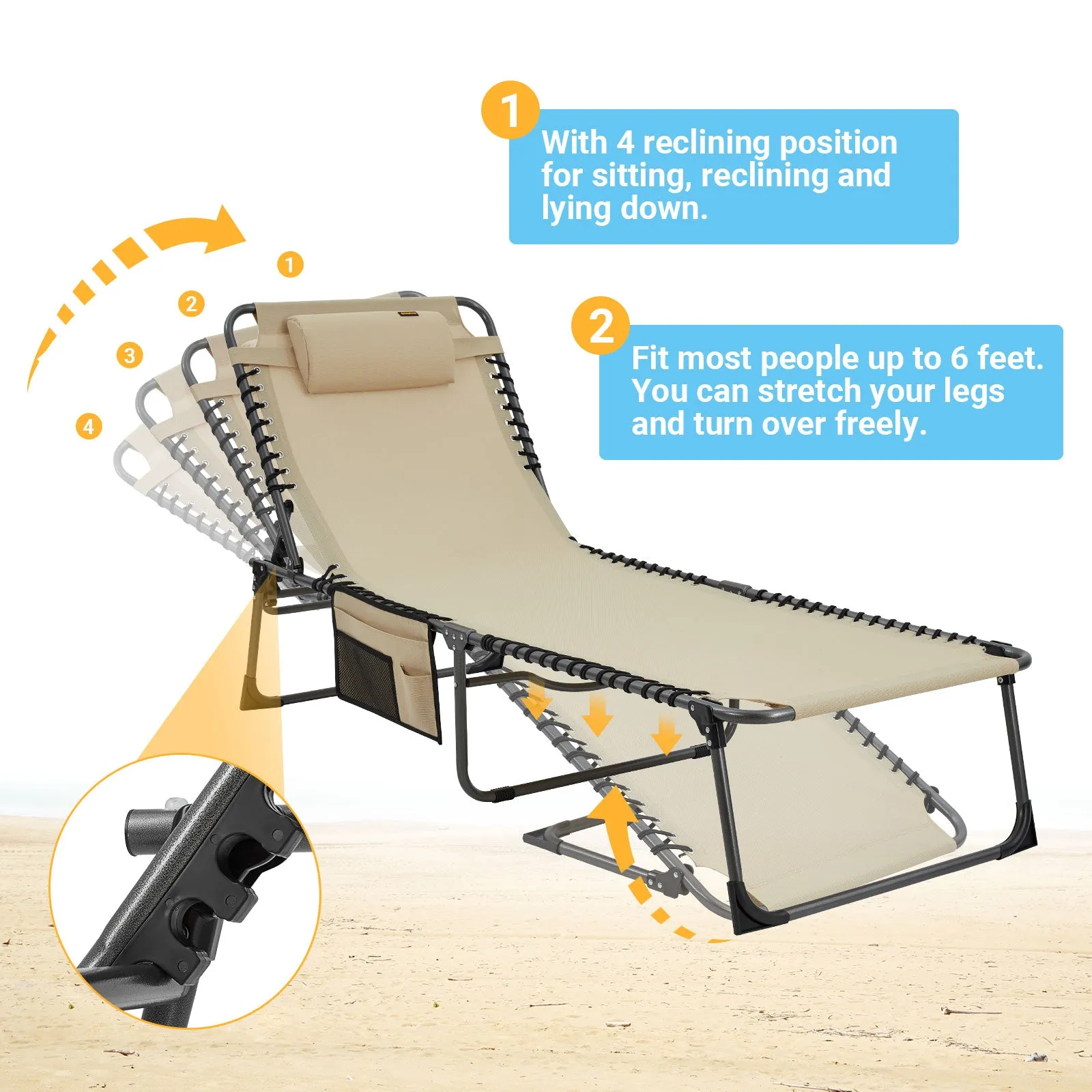 KingCamp Oversized Adjustable 4-Position Folding Chaise Lounge Chair