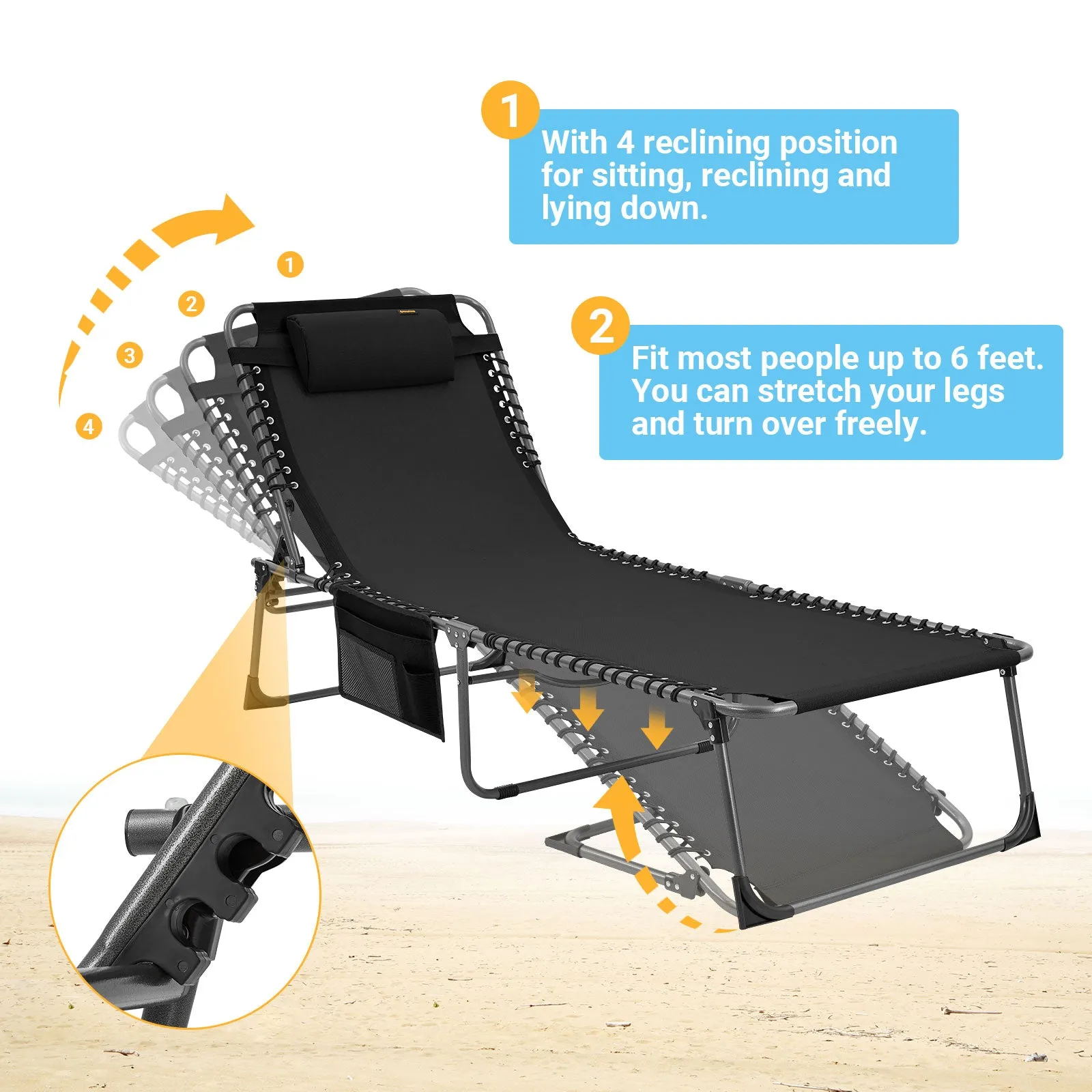 KingCamp Oversized Adjustable 4-Position Folding Chaise Lounge Chair