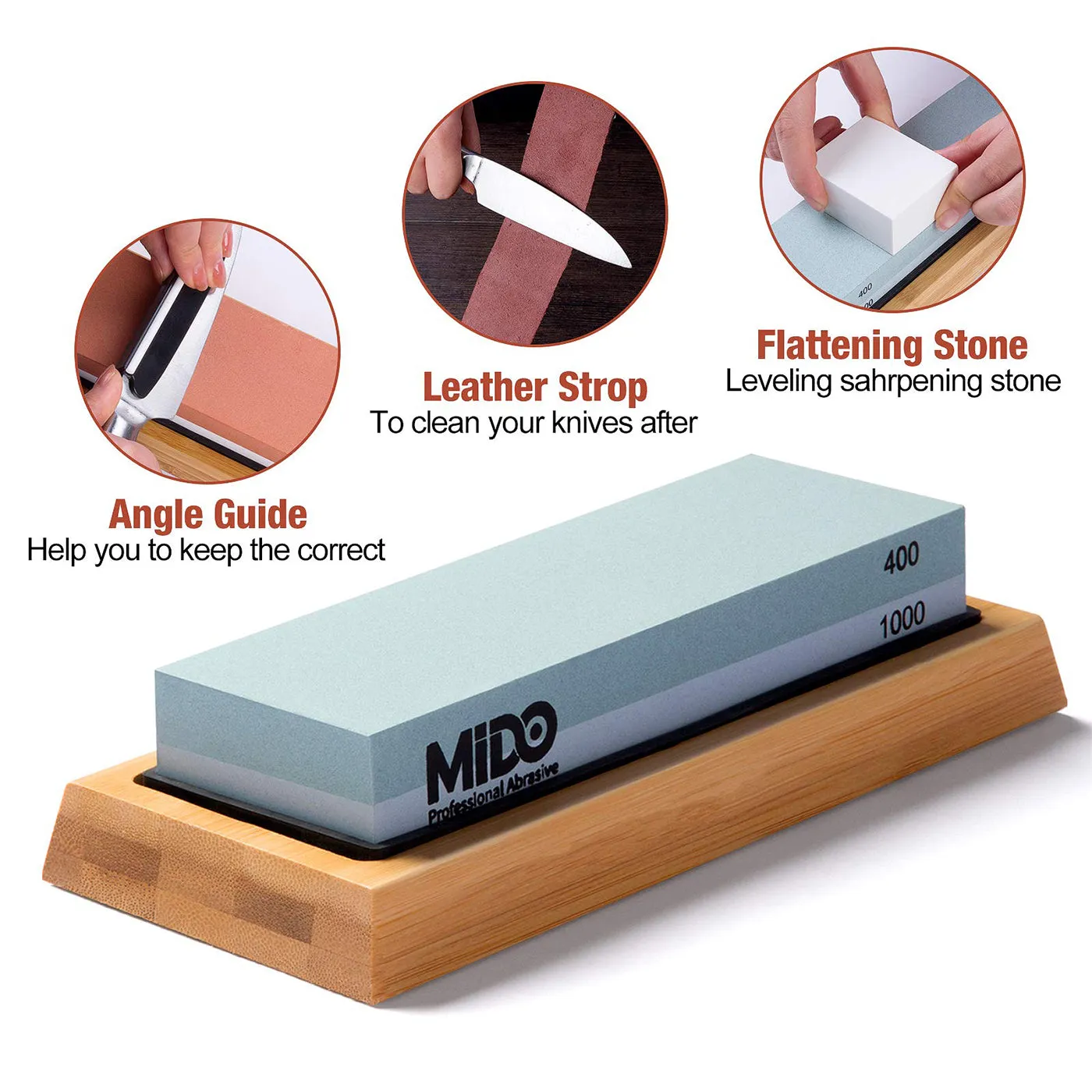 Knife Sharpening Stone Set 4 Side Grit 400/1000 3000/8000, Sharpening Stone Set with Non-slip Bamboo Base