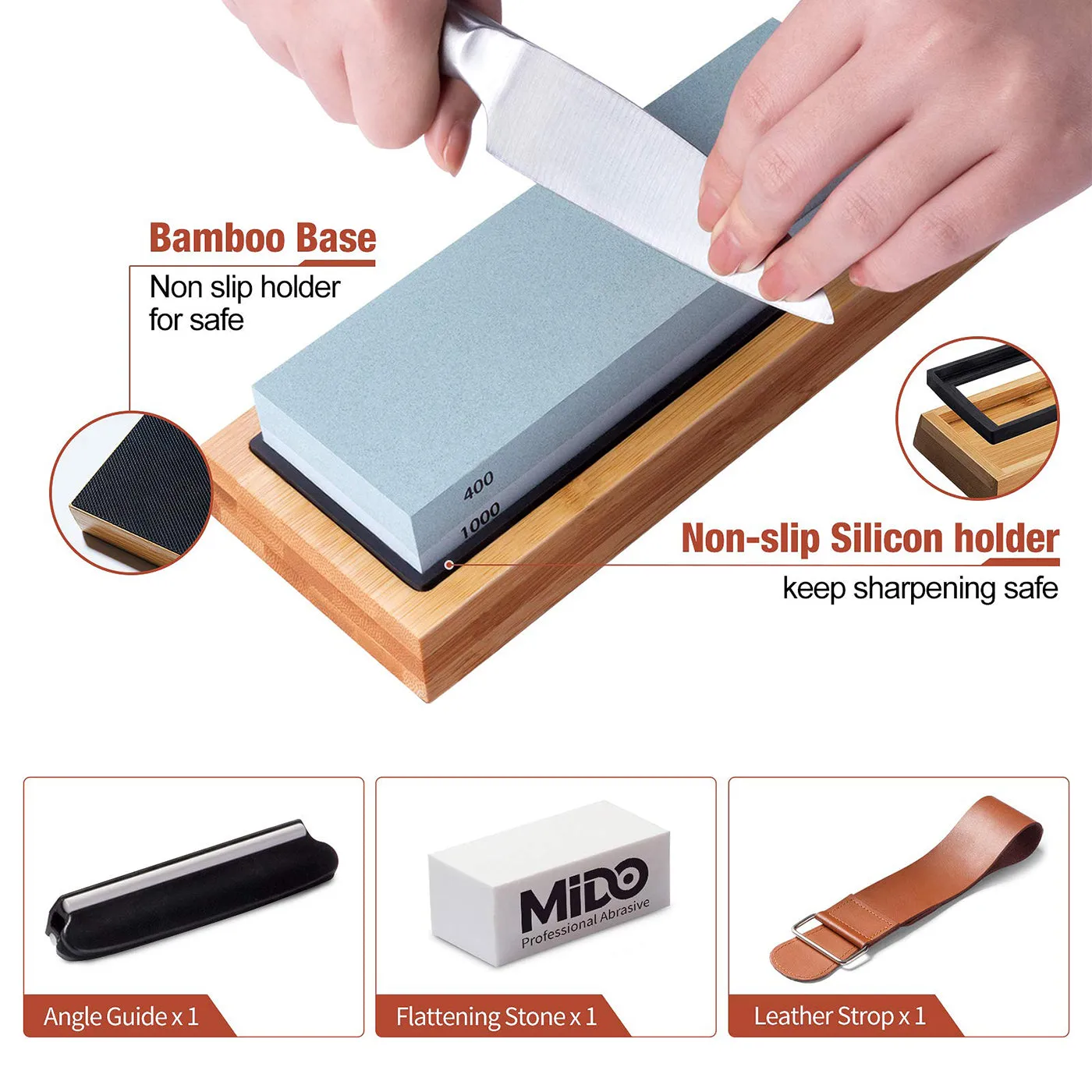 Knife Sharpening Stone Set 4 Side Grit 400/1000 3000/8000, Sharpening Stone Set with Non-slip Bamboo Base