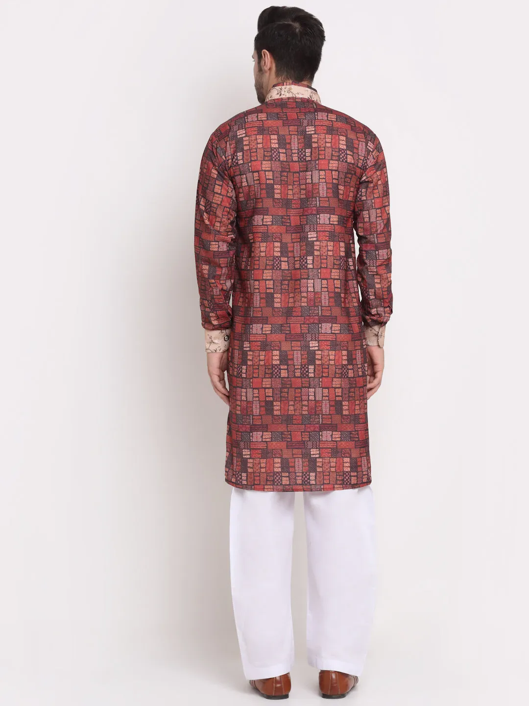 Men's Brown & Multi Printed Kurta With White Pyjamas Set - Benstoke